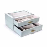 SortWithStyle aqua jewelry box showing smooth-gliding drawer mechanism with velvet-lined compartments